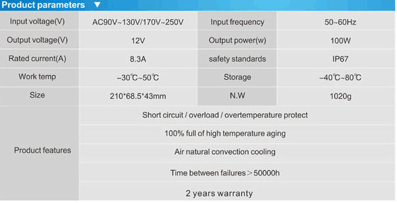 高品質の防水IP67 12v 100w電源を供給したネオントランスフォーマー
